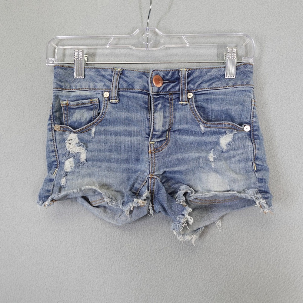 American Eagle Jean Shorts Womens 0 Blue Midi Distressed Cut Off Denim Casual
